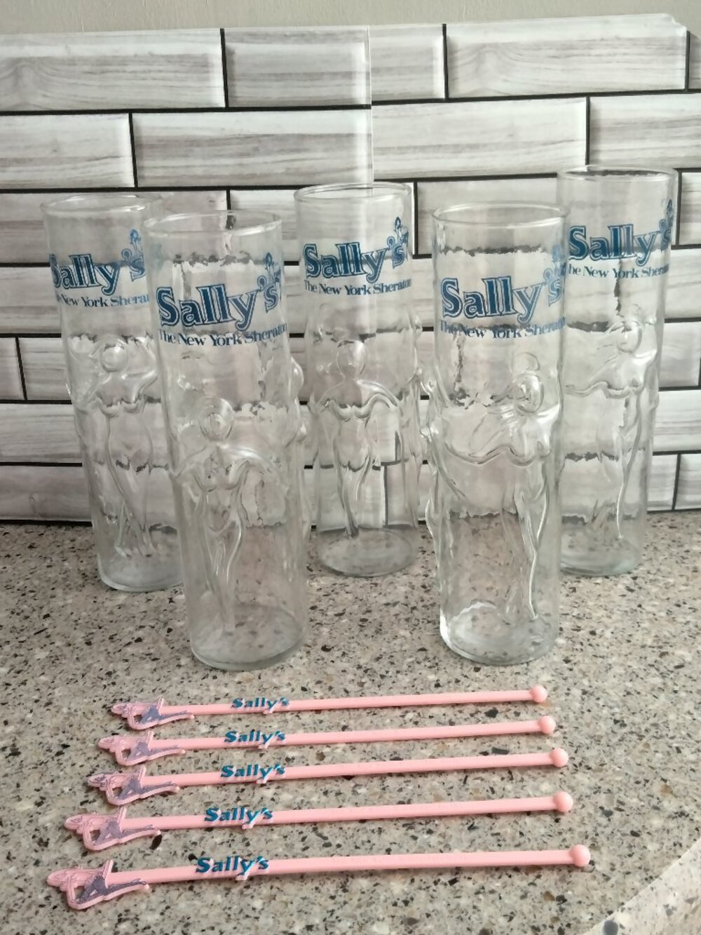Vintage Set of 5 Disco Sally's NY Glasses & Swizzle Sticks